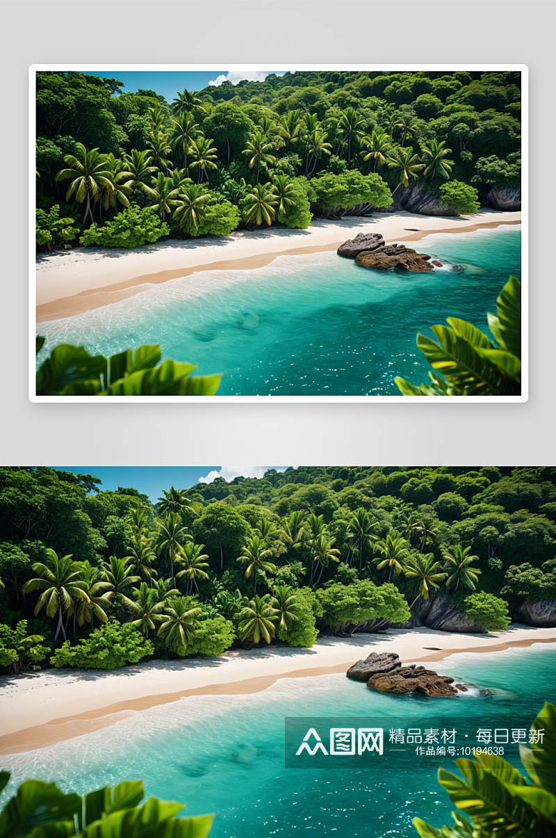 海滩被绿色热带树叶包围图片素材