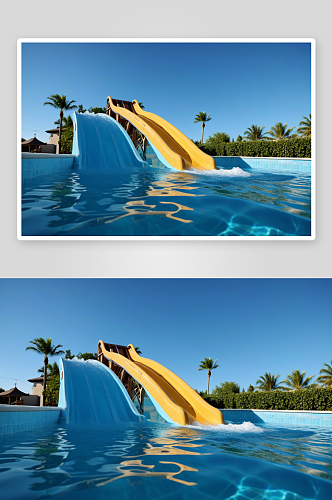 游泳池中水滑梯高清特写图片
