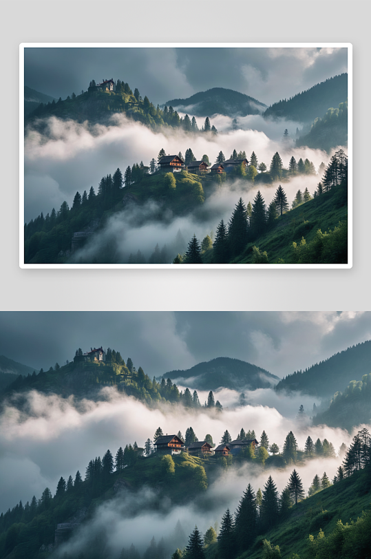 山村森林云雾缭绕自然风光图片