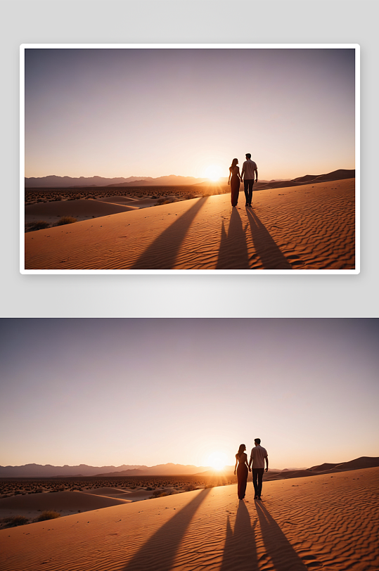 沙漠夕阳下情侣图片