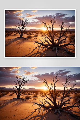 沙漠枯树落日图片