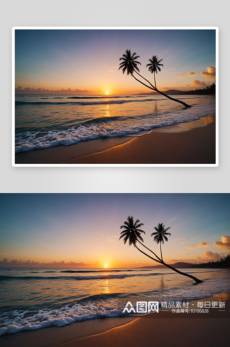 日落热带海滩椰子树图片素材