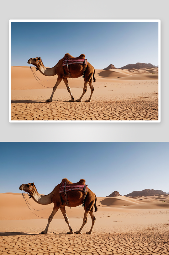 晴朗天空下单峰骆驼沙漠中行走图片