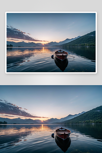 美丽早晨风景船湖日出高清特写图片