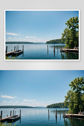 美丽风景有湖有蓝天还有码头船图片