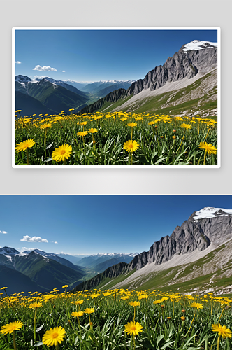 一小片黄色蒲公英田背景大山高清特写图片