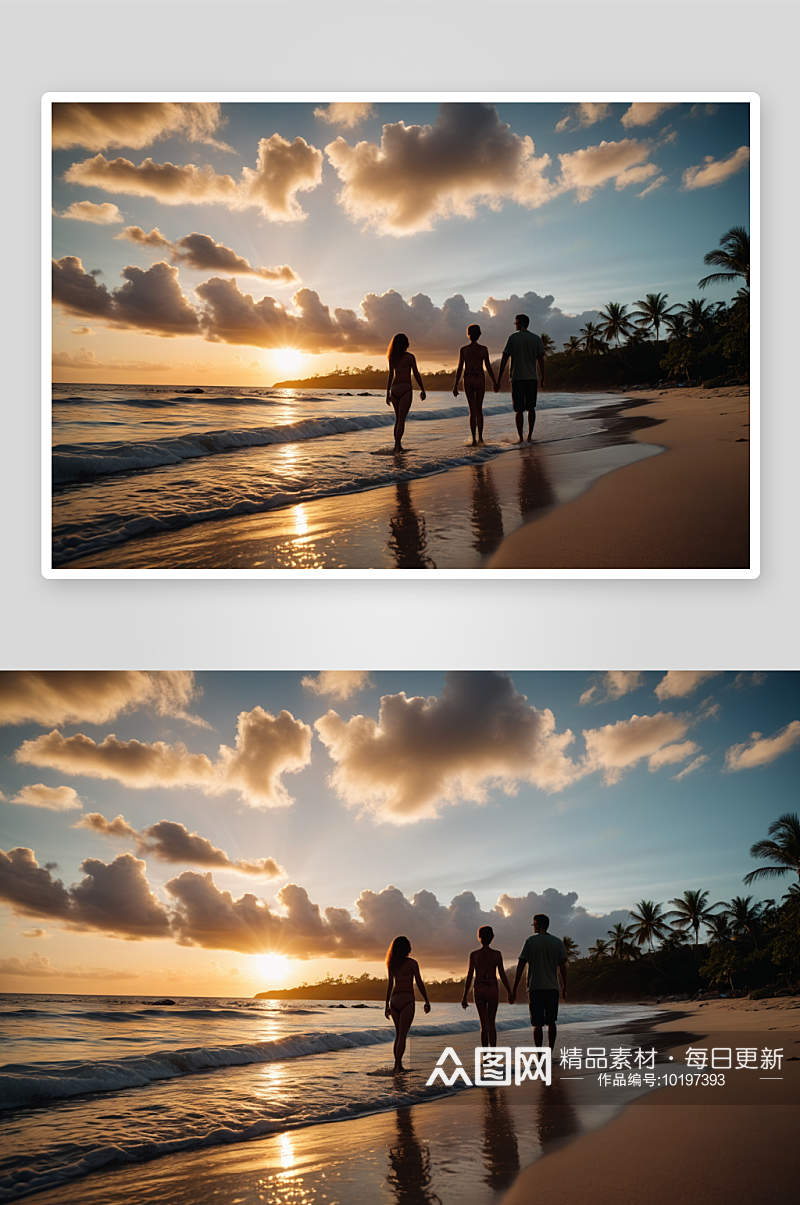 一家人剪影母亲儿子热带海滩图片素材