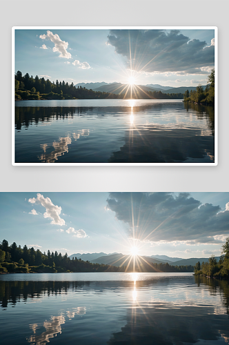 耶稣光照射湖泊反光图片