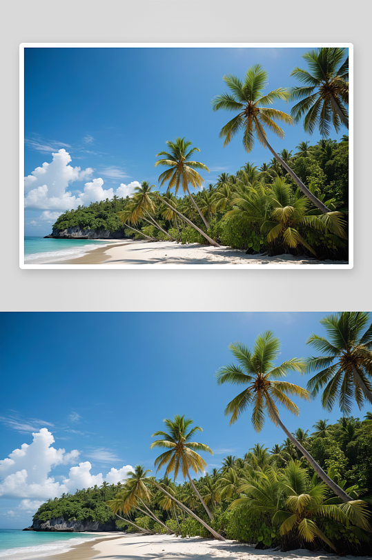 椰子树丛林树叶热带僻静沙滩映衬着蓝天图片