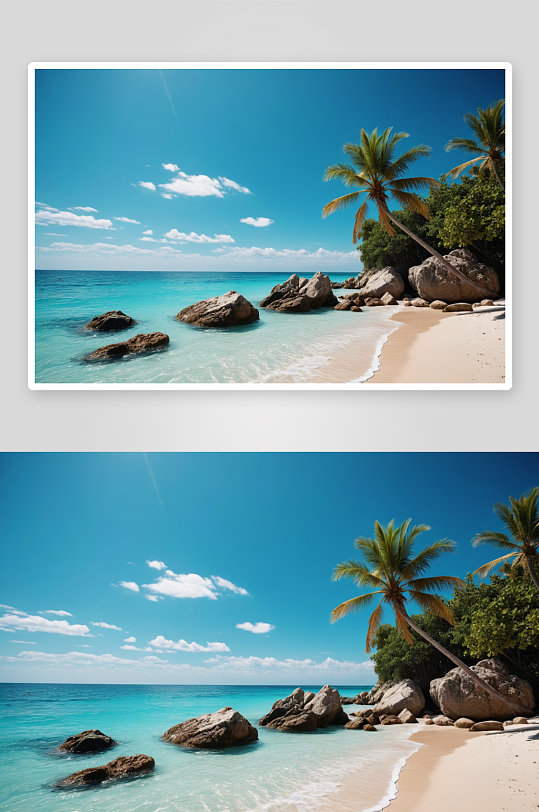 阳光明媚一天岩石沙滩碧蓝海水图片