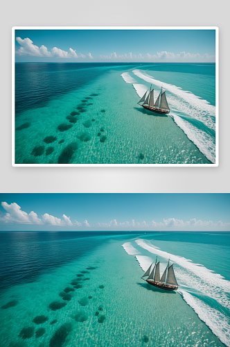 头顶单桅帆船蓝绿色大海中销售图片