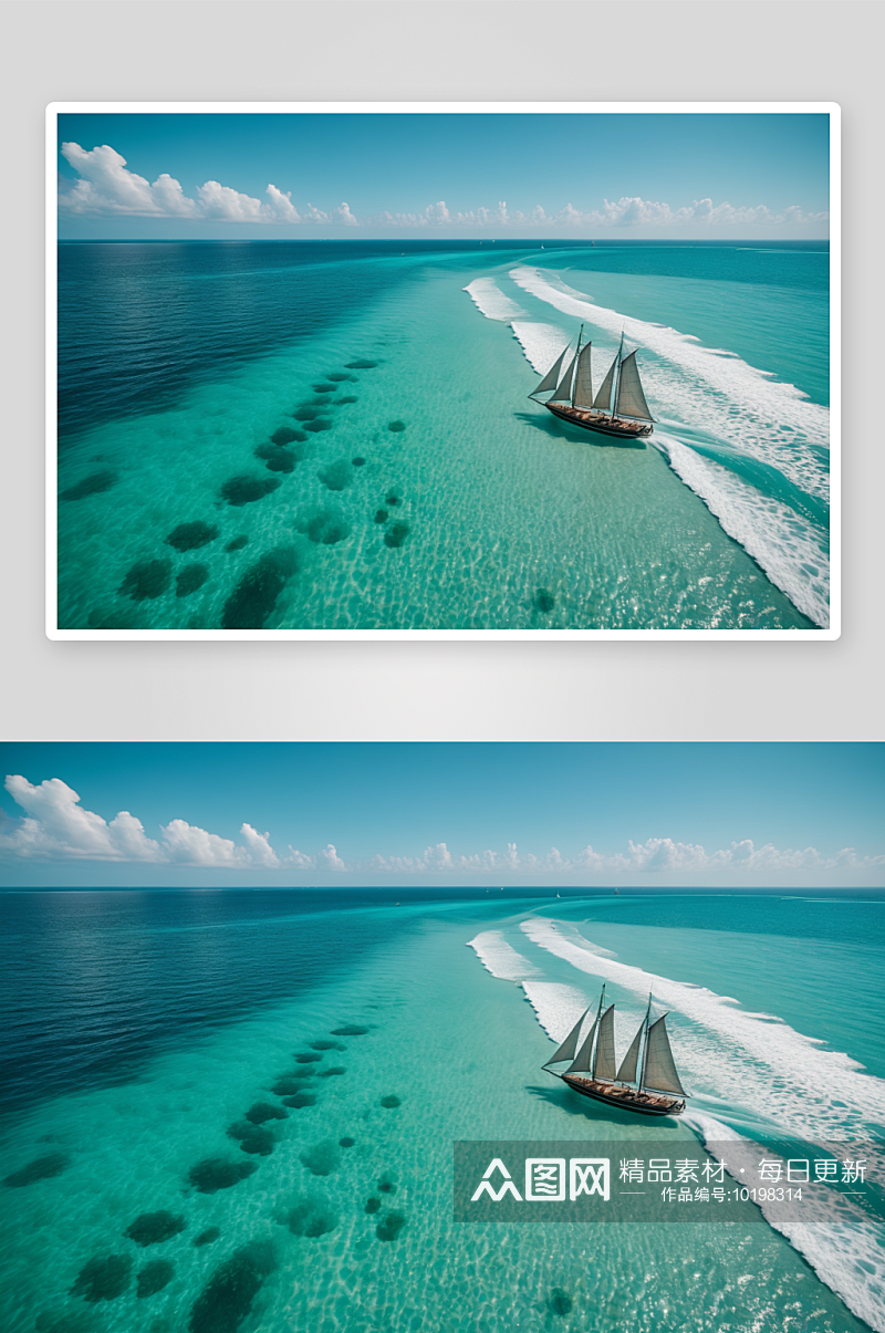头顶单桅帆船蓝绿色大海中销售图片素材