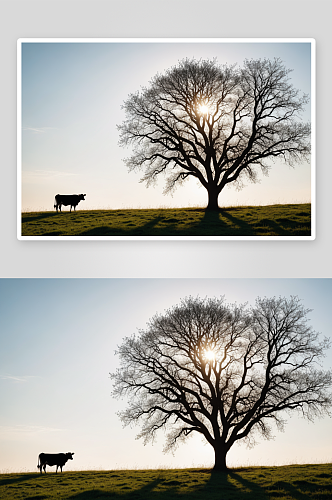 田野里一头奶牛一棵树剪影图片