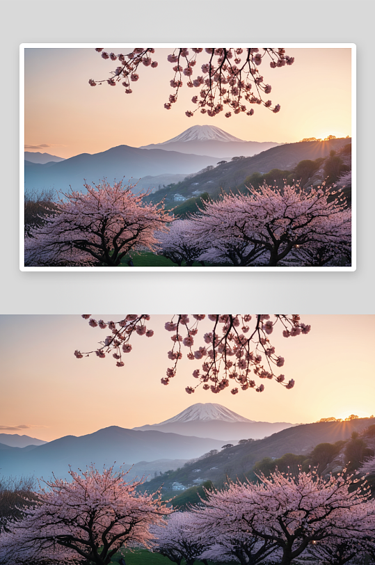 樱花茶园早晨天空出现丁达尔现象图片