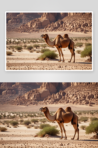 沙漠中骆驼野生动物单峰骆驼站陆地侧面图片
