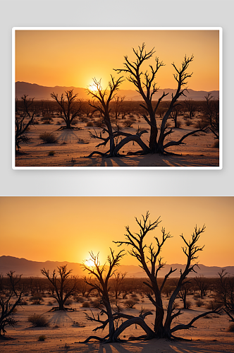 沙漠枯树落日图片