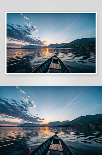 美丽早晨风景湖船日出高清特写图片