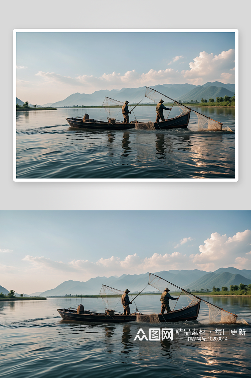 鸭绿江水面渔翁小船撒网捕鱼图片素材