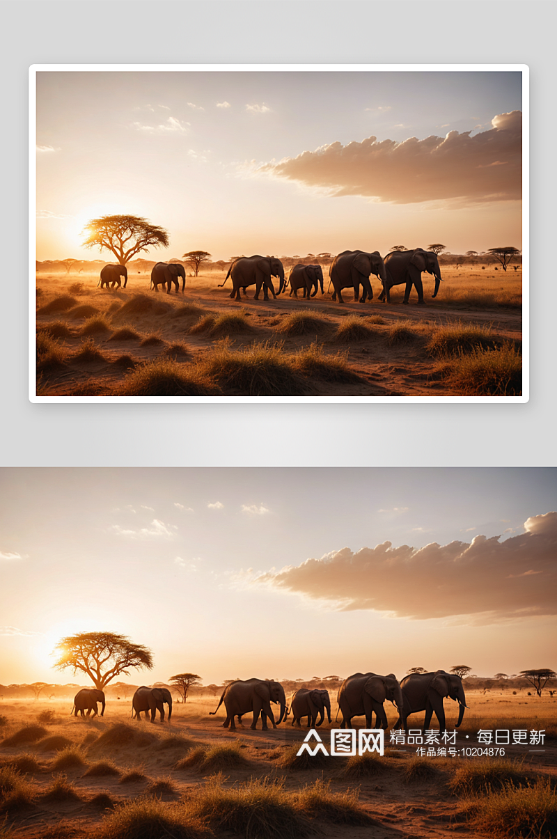 日落时分保护一群大象行走图片素材