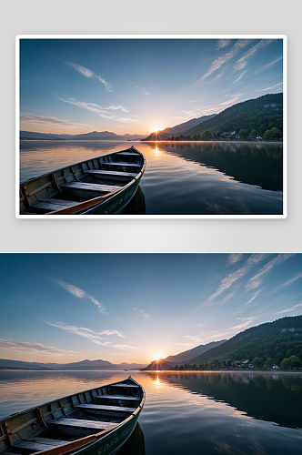 美丽早晨风景湖船日出高清特写图片