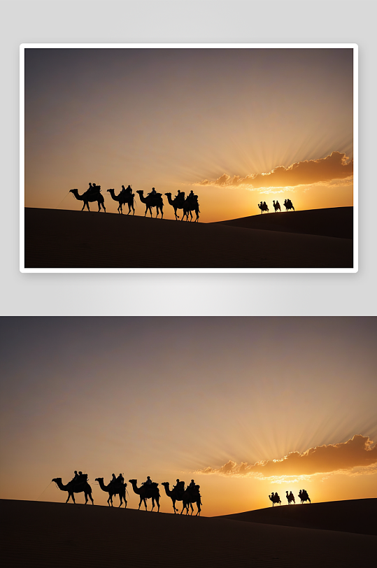 日落沙漠驼队夕阳下骆驼剪影沙漠旅人图片