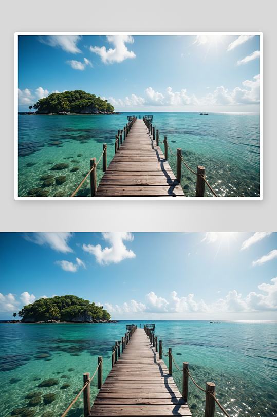 美丽热带岛屿长长木桥通往大海图片