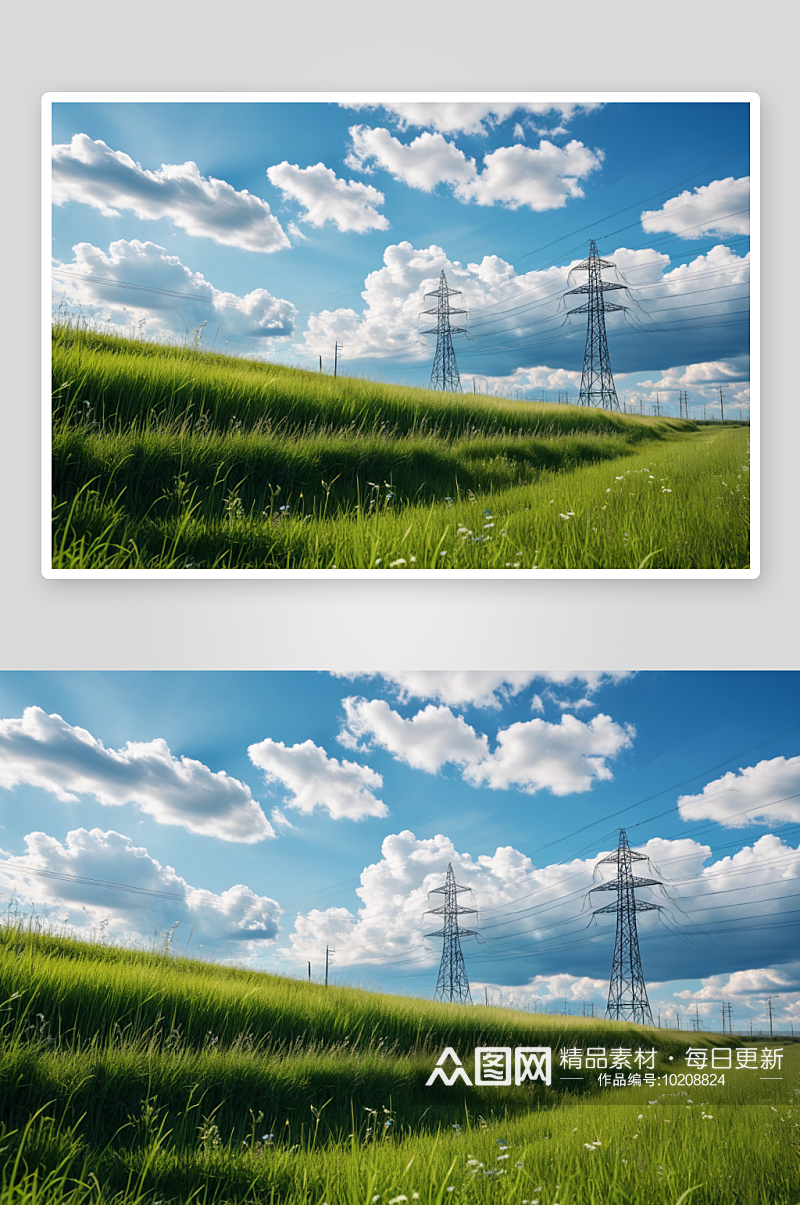 草原蓝天白云输电能源基建高清特写图片素材