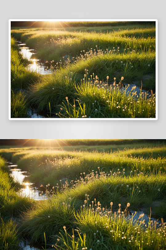 草地沟渠反射着阳光高清特写图片