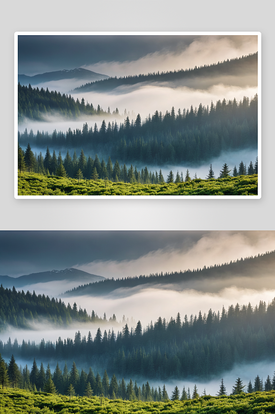 被雾包围高山针叶林高清特写图片