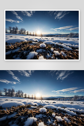 白雪覆盖大地映衬着天空美景高清特写图片