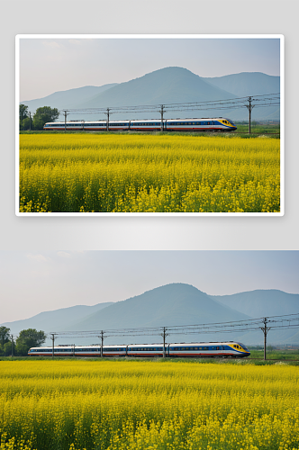 白龙游花海动车穿行油菜花海高清特写图片