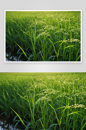 稻田里长满绿叶茉莉花米种子高清特写图片