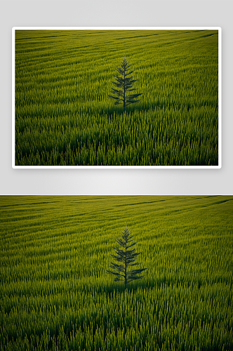 大麦田里一棵柏树高清特写图片