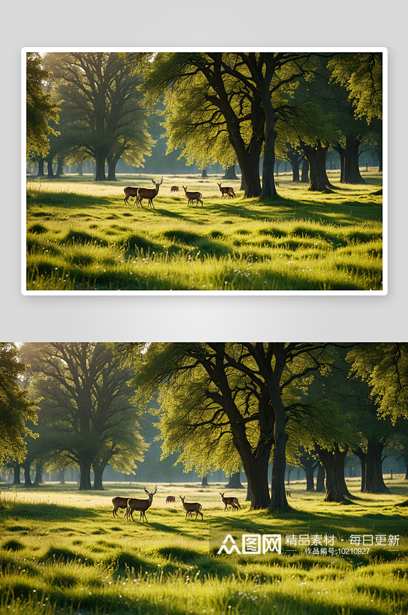 两只鹿公园里吃草高清特写图片素材