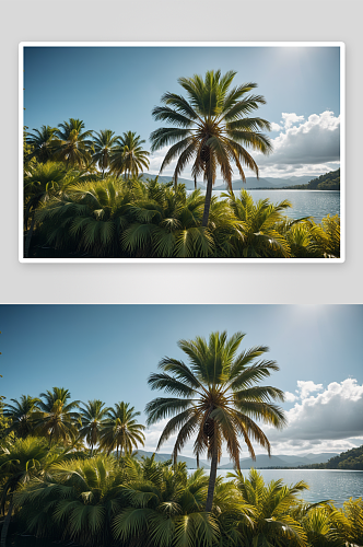 湖风景如画棕榈树映衬着天空高清特写图片