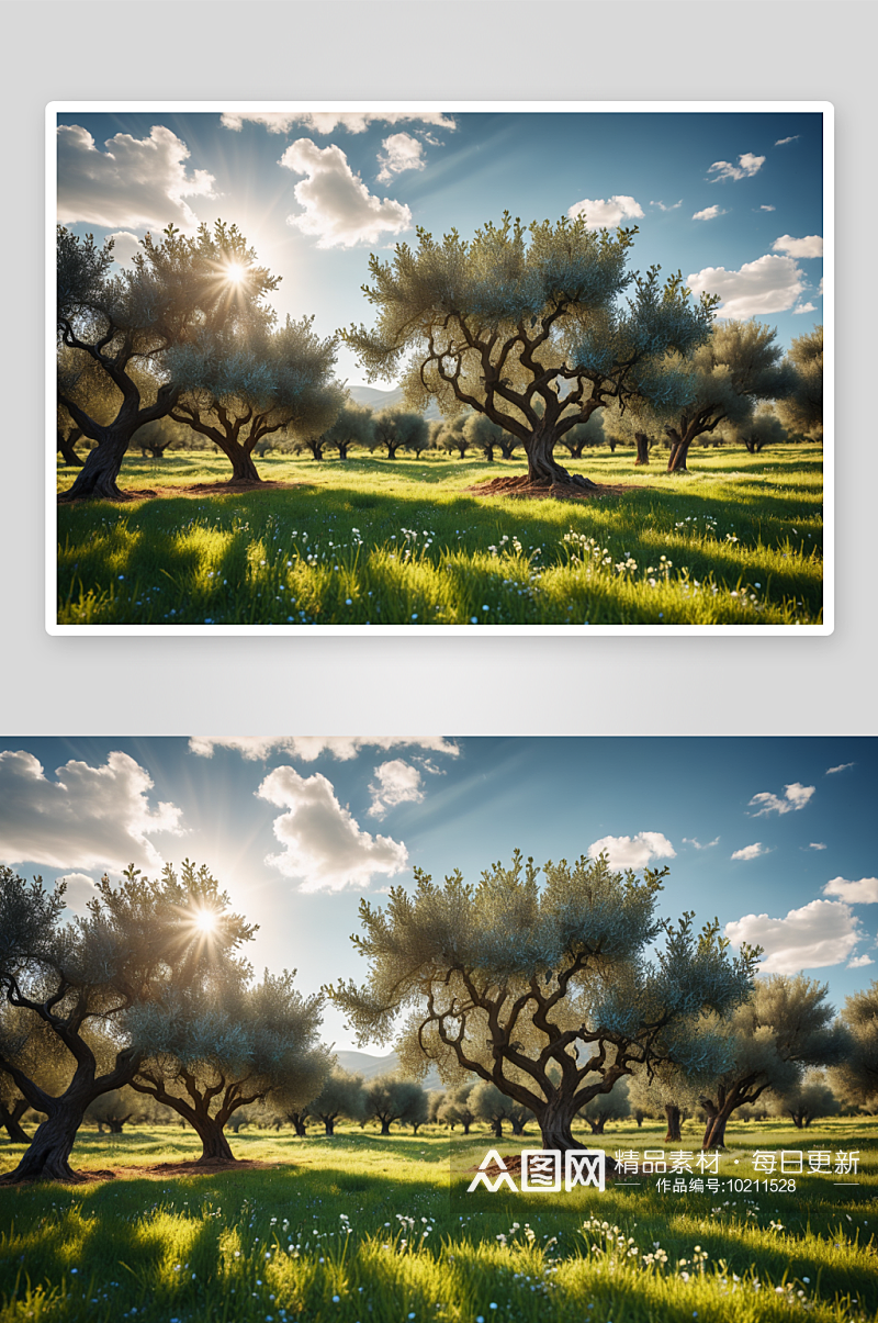 橄榄树花园草地阳光蓝天白云高清特写图片素材