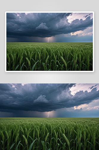 麦田暴风雨天空下两种颜色背景高清特写图片