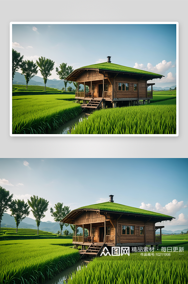 绿色稻田里小木屋高清特写图片素材