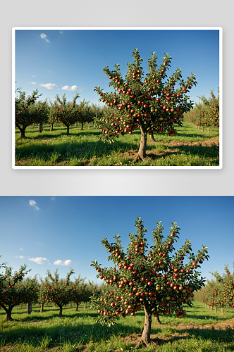 果园里苹果树果实正等着收割高清特写图片