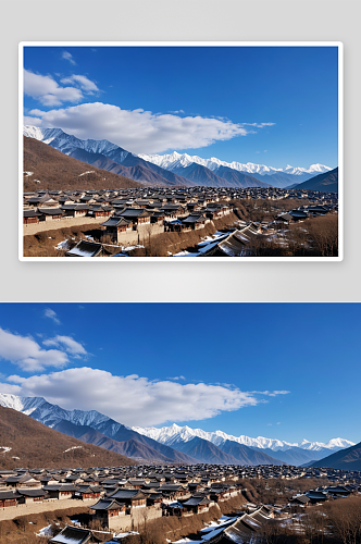 古向阳村远眺雪山高清特写图片