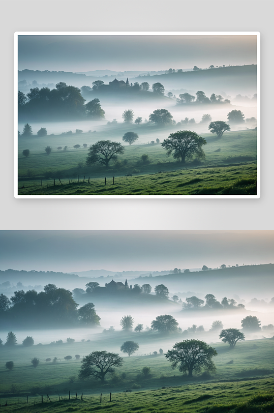 古晨雾缭绕田园高清特写图片
