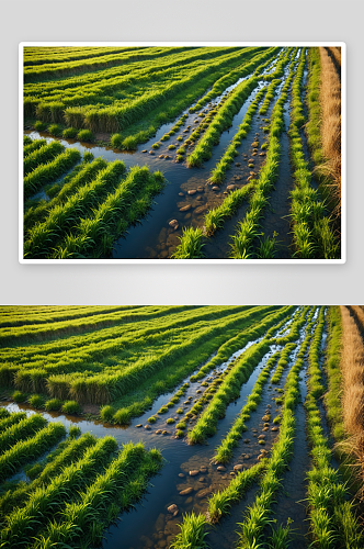 清新农业景观一条天然溪流相交高清特写图片