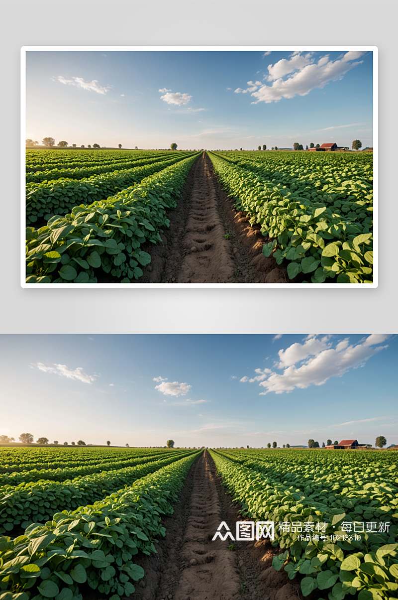 农场里一排排马铃薯丛一条小路高清特写图片素材