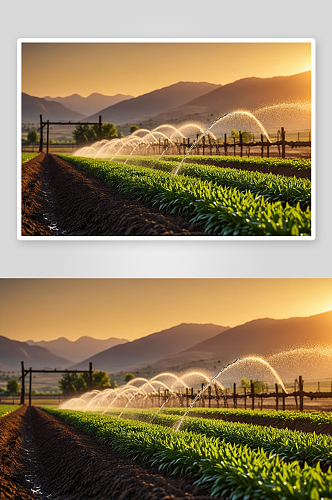 农场灌溉系统山景观背景日落高清特写图片