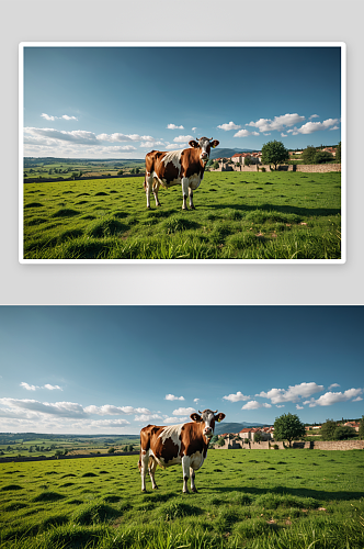 奶牛有围墙田野里吃草高清特写图片