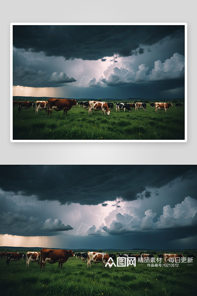 奶牛吃草暴风雨来了高清特写图片素材