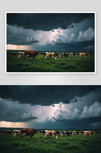 奶牛吃草暴风雨来了高清特写图片