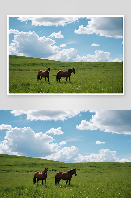 蓝天白云下草原一匹马高清特写图片
