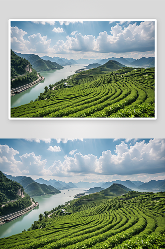 蓝天白云三峡大坝茶园相映成景高清特写图片