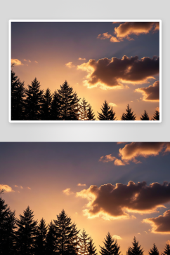 日落时森林中树木天空中剪影高清特写图片